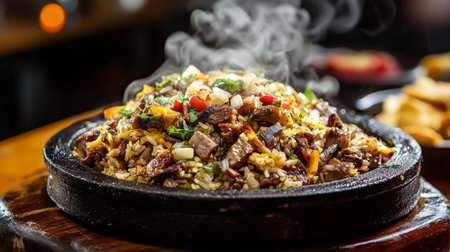 Enjoy a vibrant and flavorful dish featuring sizzling stir-fried rice with grilled meat and fresh vegetables, creating an enticing aroma and visual appeal.の素材