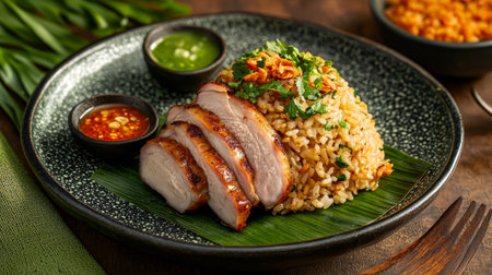 A beautifully plated gourmet meal featuring tender grilled chicken with fragrant fried rice, enriched with fresh herbs and a vibrant green sauce for an enticing dining experience.の素材