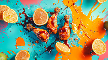 A vibrant composition featuring succulent chicken drumsticks drizzled with sauce, surrounded by fresh citrus slices, set against a colorful splashed background.の素材