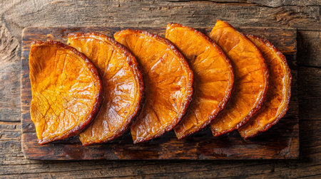 A beautiful display of dried orange slices on a rustic wooden board, ideal for enhancing dishes or creating natural snacks, showcasing vibrant colors and textures.の素材