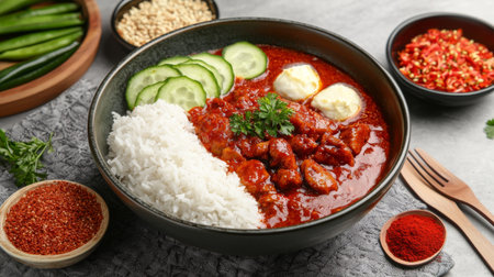 A delicious bowl of spicy chicken served with fluffy rice, garnished with fresh cucumber slices and herbs, creating an inviting and vibrant meal setting.の素材