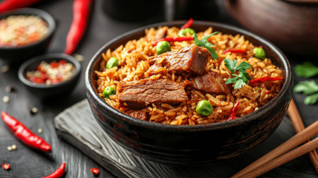 This vibrant dish features fluffy rice mixed with spicy beef pieces, green peas, and red chili peppers, offering a delightful fusion of flavors and textures.の素材