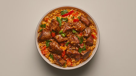 A mouthwatering bowl featuring savory beef stew atop a bed of colorful rice and fresh vegetables, ideal for representing hearty meals in culinary photography.の素材