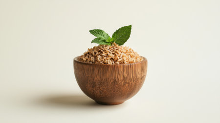 A beautifully styled image of brown rice in a rustic wooden bowl, topped with a vibrant mint leaf, showcasing the essence of healthy eating and natural ingredients.の素材