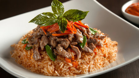 A visually appealing plate of stir-fried rice topped with sliced meat and fresh vegetables, garnished with aromatic basil, perfect for food lovers and culinary enthusiasts.の素材