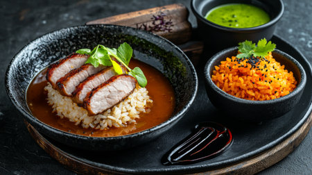 A beautifully presented dish featuring succulent duck breast served on fluffy rice, complemented by vibrant carrot rice and a fresh herb garnish for an exquisite dining experience.の素材