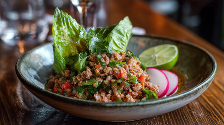 Enjoy a vibrant bowl of fresh lettuce wraps filled with spicy meat, garnished with lime and colorful radish, perfect for a delightful meal or snack.の素材