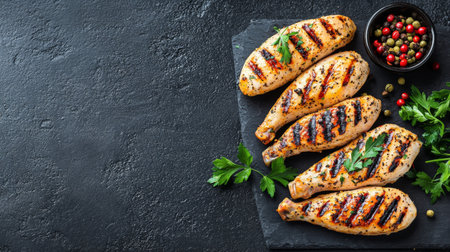 A visually appealing arrangement of grilled chicken breasts displayed on a slate platter, garnished with fresh parsley and colorful peppercorns, ideal for meal preparation.の素材