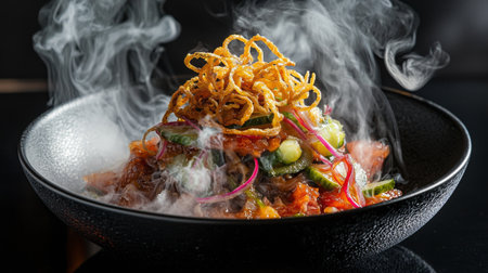 A stunning display of Asian cuisine features vibrant vegetables and a crispy topping, presented with swirling smoke for a captivating dining experience.の素材