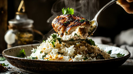 This enticing image features a serving of steaming white rice topped with a perfectly grilled chicken slice garnished with fresh herbs, ideal for food lovers.の素材