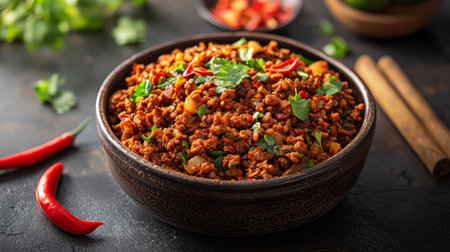 A vibrant and flavorful ground meat dish garnished with fresh herbs and chili peppers, presented in a rustic bowl on a dark table, perfect for culinary inspiration.の素材