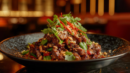 Experience a mouthwatering Asian dish featuring tender beef, fresh herbs, vibrant chili, and crunchy peanuts, beautifully arranged on an elegant black plate.の素材