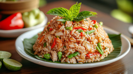 This vibrant stir-fried rice dish showcases fresh vegetables and aromatic herbs, creating a deliciously healthy meal perfect for any dining occasion.の素材