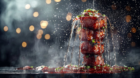 A stunning display of grilled meat stacked high and drenched in savory barbecue sauce, perfect for food lovers and culinary enthusiasts, evoking a festive atmosphere.の素材