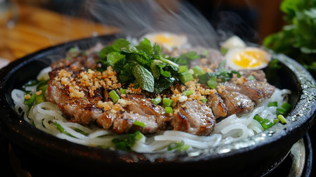 Experience the delightful presentation of a traditional Vietnamese dish, showcasing sizzling grilled meat atop delicate rice noodles, garnished with fresh herbs and steam.の素材