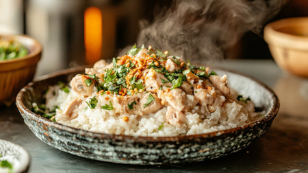 A captivating image of a warm rice dish featuring tender chicken, fresh herbs, and a sprinkle of crispy toppings, perfect for showcasing delightful home-cooked meals.の素材