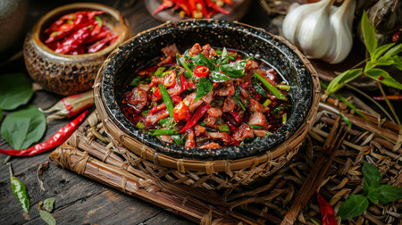 A vibrant dish showcasing a spicy beef stir-fry with fresh herbs and red chilies, beautifully presented in a traditional bowl on a rustic wooden table.の素材