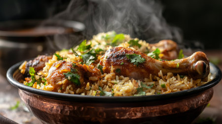 Experience the vibrant flavors of chicken biryani, a dish layered with spices and garnished with fresh cilantro, served in a traditional bowl, perfect for any occasion.の素材