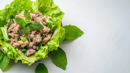 A vibrant salad featuring minced meat and fresh mint served on crisp lettuce leaves, showcasing a healthy meal option perfect for any table or gathering.の素材