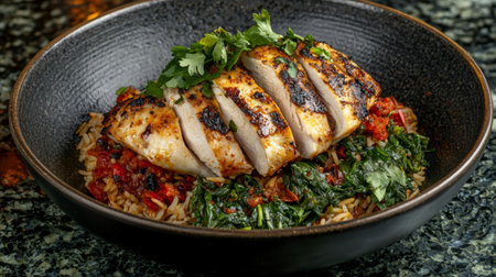 This delicious grilled chicken breast served on a bed of rice features vibrant vegetables and fresh herbs, making it a perfect choice for health-conscious diners.の素材