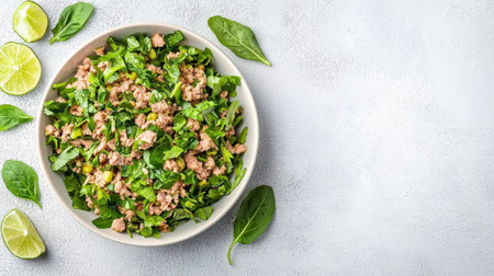 A vibrant salad featuring ground meat, fresh spinach, and corn, garnished with lime slices. Perfect for health-conscious meal prep or recipe inspiration.の素材