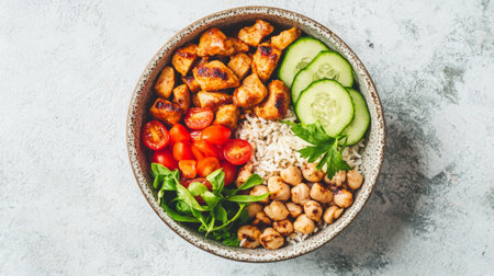 A vibrant and healthy bowl featuring grilled chicken, cherry tomatoes, cucumber slices, chickpeas, rice, and fresh greens, perfect for nutritious meal prep or casual dining.の素材