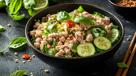 A vibrant salad bowl featuring succulent chicken, fresh cucumbers, aromatic basil, and a mix of spices. Ideal for a nutritious meal or refreshing snack.の素材