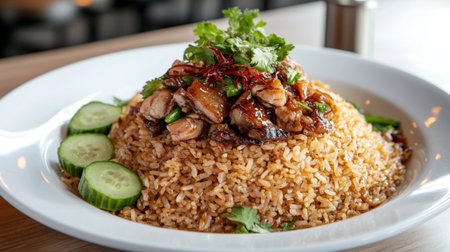 Enjoy a visually appealing plate of fried rice topped with tender chicken and fresh herbs, perfect for showcasing in culinary delights and appetizing food images.の素材