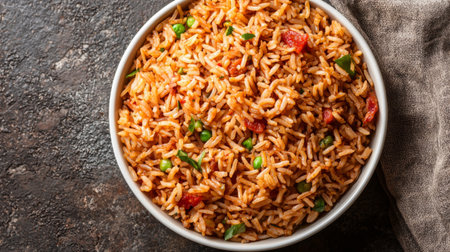 A vibrant bowl of delicious rice dish, featuring green peas and colorful vegetables, served on a rustic background, perfect for various meal occasions.の素材