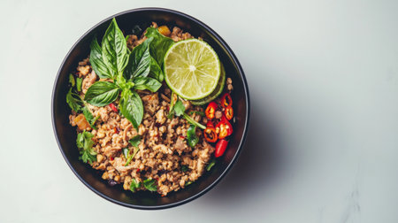 A beautifully arranged Thai inspired chicken rice bowl featuring fresh basil, vibrant chili, and zesty lime. This healthy meal is perfect for food lovers and culinary enthusiasts.の素材