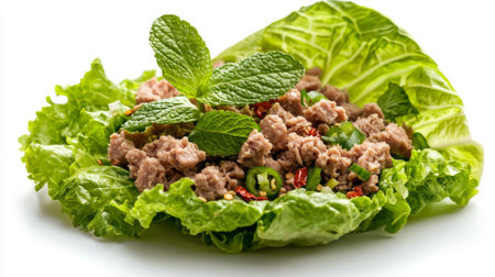 A vibrant and appetizing dish showcasing fresh lettuce leaves filled with savory ground meat, beautifully garnished with mint and spices for an appealing presentation.の素材