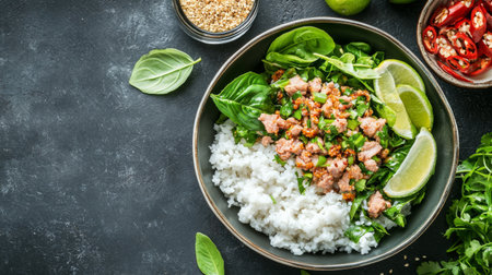 A vibrant bowl featuring fluffy rice topped with minced meat and fresh greens, garnished with lime wedges and chili, perfect for healthy meals and culinary inspiration.の素材