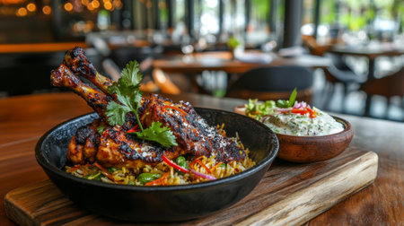 A display of perfectly grilled chicken thighs seasoned with spices, served on a bed of fragrant rice alongside a refreshing yogurt sauce, set in a stylish restaurant.の素材