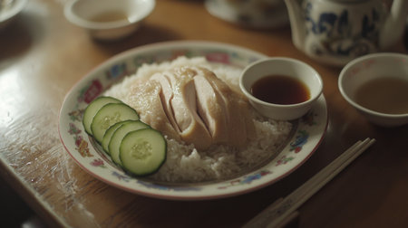 A tempting dish featuring steamed chicken served on a bed of rice, accompanied by fresh cucumber and savory sauce, perfect for a delicious meal experience.の素材