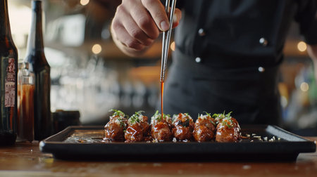 A skilled chef carefully drizzles sauce over perfectly cooked meatballs, showcasing culinary artistry in a cozy restaurant setting. The scene captures a rich flavor experience.の素材