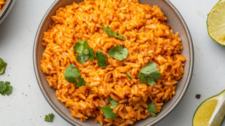 A vibrant Mexican-style rice dish, beautifully garnished with fresh cilantro, ideal for showcasing the essence of delicious cuisine in food photography.の素材