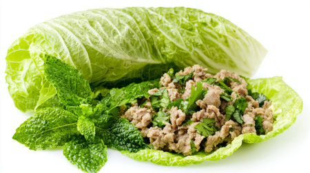 Enjoy a vibrant and fresh dish of lettuce wraps filled with savory ground meat, complemented by fragrant herbs like cilantro and mint. Perfect for healthy meals!の素材