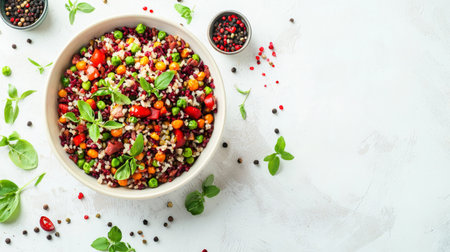 A vibrant and fresh vegetable salad featuring peas, carrots, beans, and herbs, perfect for healthy meals. An appealing dish on a light background.の素材