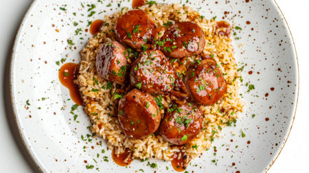 Enjoy a flavorful delight with tender chicken pieces glazed to perfection, served on fluffy rice and garnished with fresh herbs for an enticing meal experience.の素材