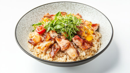 An enticing rice bowl filled with succulent grilled chicken, colorful vegetables, and fresh garnishes, ideal for showcasing culinary offerings in a vibrant and appealing way.の素材