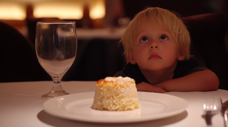A child gazes in awe at a dessert placed before him, showcasing curiosity and anticipation in a beautifully lit restaurant, emphasizing the joy of dining.の素材
