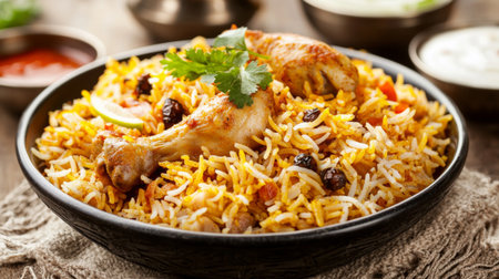 A vibrant plate of flavorful biryani featuring tender chicken pieces and aromatic spices, beautifully garnished with fresh cilantro on a rustic wooden table.の素材