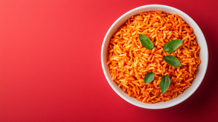 A vibrant bowl of orange rice garnished with fresh green leaves, set against an eye-catching red background, perfect for food styling and culinary projects.の素材