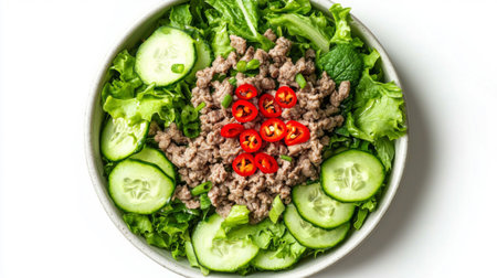 A vibrant salad bowl featuring fresh lettuce, ground meat, sliced cucumbers, and red chili. Perfect for healthy eating and meal prep, this dish offers nutritious flavors.の素材