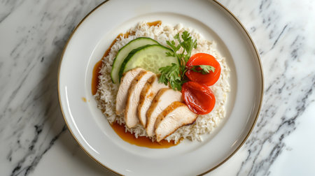 A beautifully arranged plate featuring grilled chicken breast, fluffy rice, and vibrant vegetables, offering a feast for both the eyes and the palate. Perfect for gourmet dining.の素材