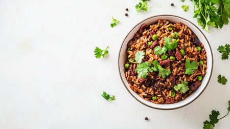 A vibrant bowl of rice mixed with beans and green peas, topped with fresh cilantro, creates a colorful and mouthwatering dish ideal for healthy eating.の素材