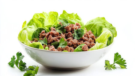 A vibrant bowl of fresh ground meat mixed with crisp lettuce leaves and cilantro, showcasing a nutritious and healthy option for meal preparation and culinary creativity.の素材