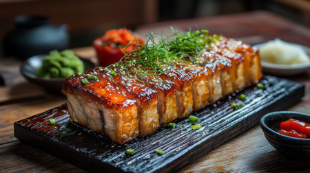 A beautifully prepared pork belly dish, glazed and served on a wooden plank, garnished with fresh herbs and vibrant accompaniments, perfect for any dining experience.の素材