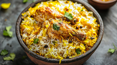 Experience the rich flavors of homemade chicken biryani, beautifully presented in a rustic bowl with aromatic spices and fresh herbs for a delightful meal.の素材