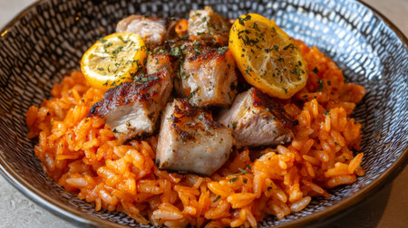 This inviting dish features grilled meat topped with lemon slices, served on a bed of flavorful rice, perfect for casual dining or special occasions.の素材